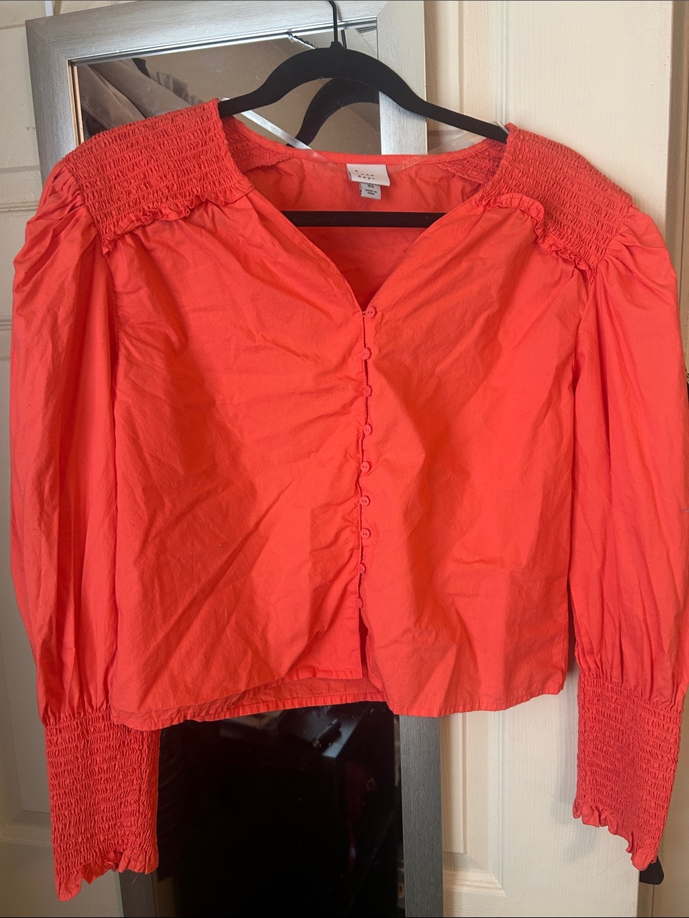 a new day Coral Button-Front Smocked Shoulder Blouse